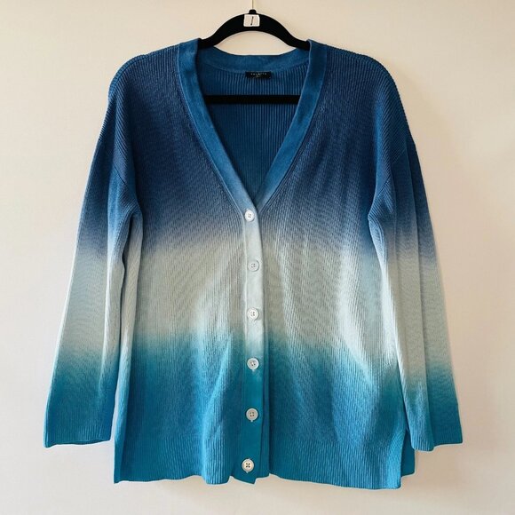 Talbots Womens Blue Ombre Dip Dye Rib Knit Boyfriend Cardigan Sweater Size PXL - Picture 1 of 7